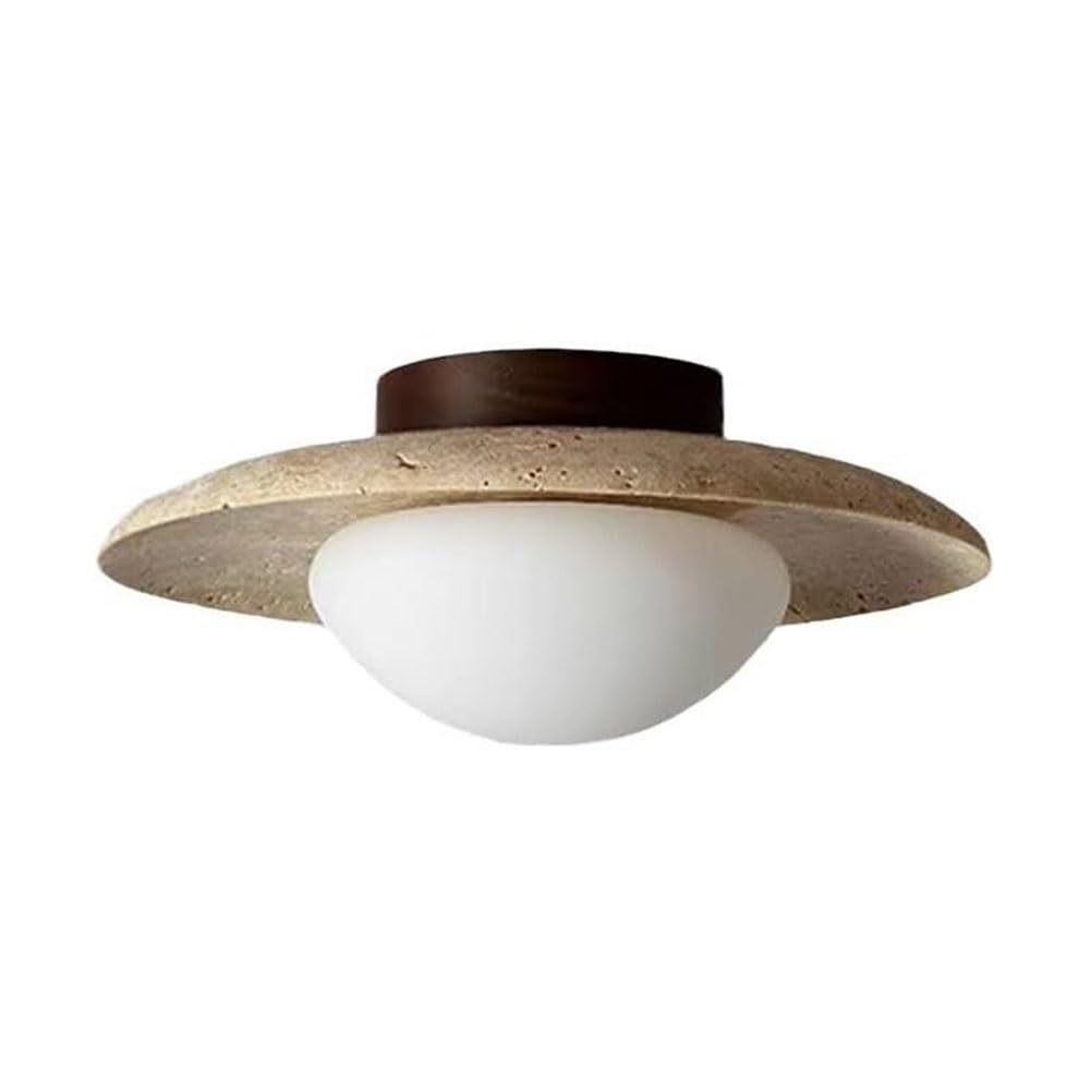 FEITENGDA Japanese Yellow Travertine Wall Sconce Modern Minimalist Stone Ceiling Lamp with Wooden Base Tri Color Dimmable Ceiling Light for Bedroom Study Hallway Entryway
