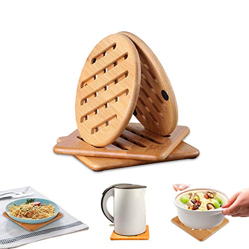 4 Pcs Madera de bambú Posavasos, Salvamanteles, Cuadrados/Ronda, para ollas & sartenes, Fácil de Limpiar, Bambú, para Mesas de Cualquier Tipo (L & S, 15cm/18cm)