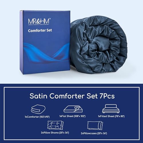 MR&HM Satin Comforter King 7 Pieces - Luxurious Pinch Pleat Bedding Set with Comforter, Flat Sheet, Fitted Sheet, Pillowcases & Shams, Super Silky Soft Bed Set for All Season (King, Mood Indigo)
