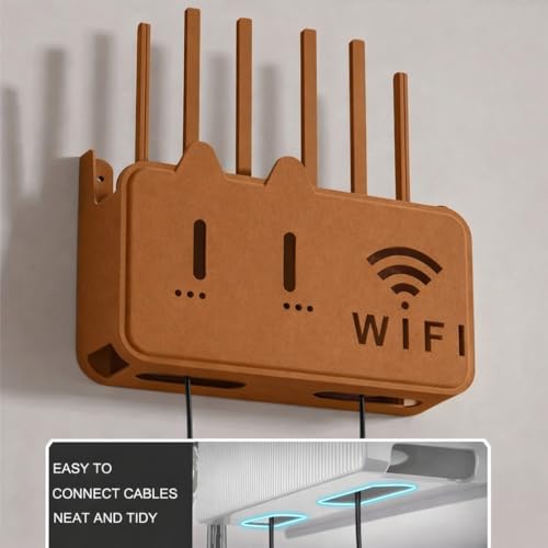 Image of Wall Mounted WiFi Router Storage Box with Cable Management, No Drill Adhesive WiFi Box Holder, Ventilated Router Stand Organizer for Modem, Power Strip & Set Top Box for Home Office Use (Brown)