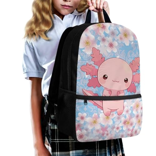 Axolotl Backpack for School Girls 3rd Grade Cherry Blossom School Knapsack for Elementary School Girls Personalized Pink School Back Pack3