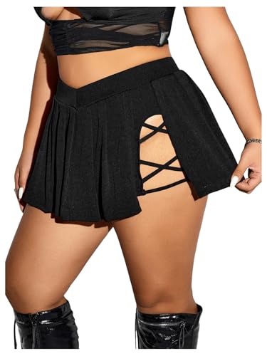 OYOANGLE Women's Plus Size Split Side Pleated Mini Skirts High Waist Flared A Line Short Skirts