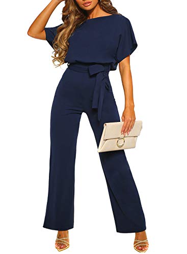 Happy Sailed Women Casual Loose Short Sleeve Belted Wide Leg Pant Romper Jumpsuits Medium Navy Blue #TOP2