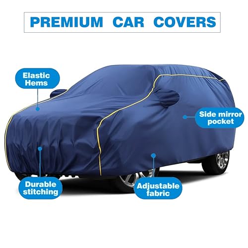 Image of Sulfar 100% Water Resistant Car Body Cover Compatible with Mirror for Daewoo Matiz (Triple Stitched, Full Bottom Elastic, Blue Taffeta with Yellow Piping)