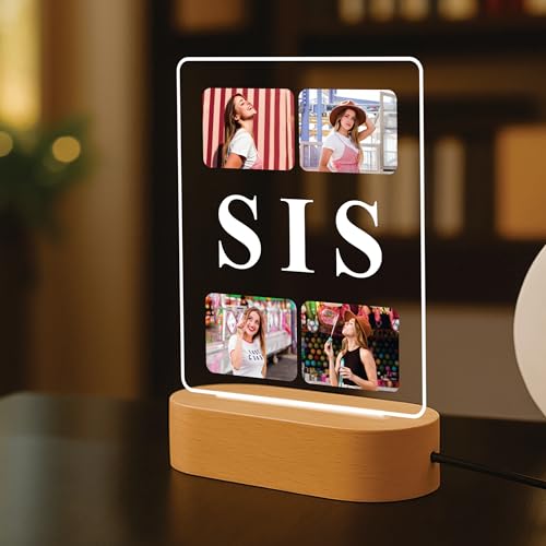 Image of Giftplease Personalised Sister Photo Frame - Custom Acrylic Picture Collage with Wooden LED Base, Unique Raksha Bandhan Gift for Sister, Personalized Keepsake for Rakhi, Best Sibling Desk Decor