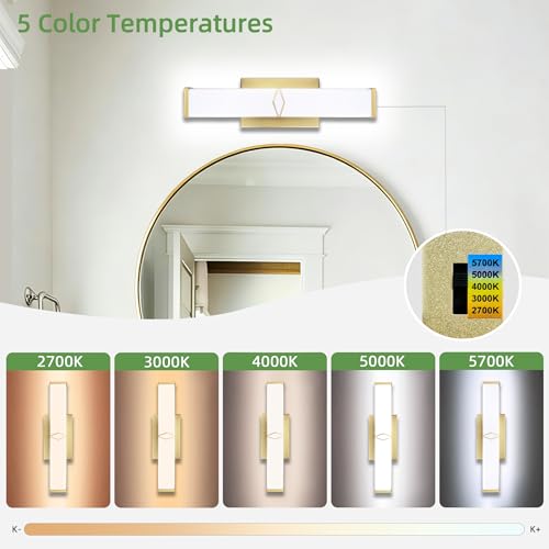 Image of 16 Inch Bathroom Vanity Light 2000LM, AC 120V 5CCT Modern Bathroom Lighting Fixtures Over Mirror Dimmable, 20W Gold LED Vanity Lighting Fixtures Wall Sconce ETL Certified, 1Pack