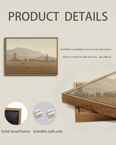 Image of KISSFOX Vintage Landscape Framed Wall Art Grassland Mountain Canvas Wall Art Minimalist Neutral Farmhouse Serene Countryside Paintings Artwork Rustic Art Prints For Bedroom Living Room
