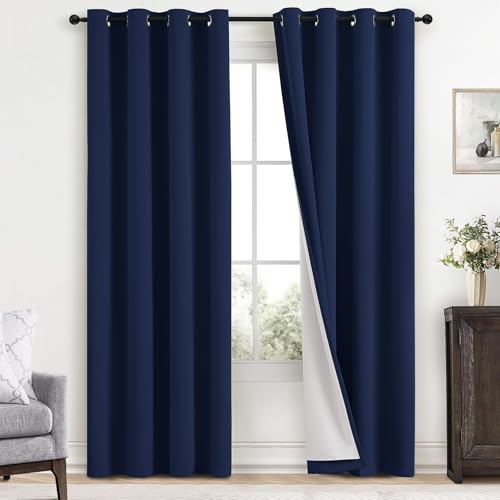 Yakamok Navy Blue 100% Blackout Curtains 96 Inches Long Thermal Insulated Window Curtain for Bedroom Living Room Darkening Set of 2 Panels Grommet Top Drapes with 2 Thick Layers 52x96 Inches Dark Blue