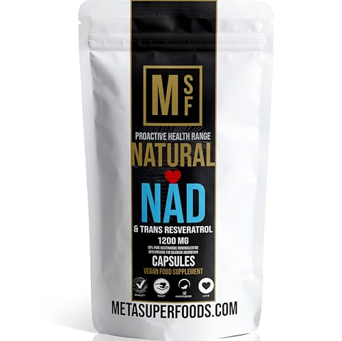 NAD and Trans Resveratrol | 99% Super Strength Anti Ageing | (1200mg) Serving | 60 High Strength Capsules NAD+ | Vegan with Piperine Max Absorption