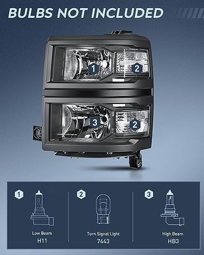 Image of Nilight Headlight Assembly for 2014 2015 Chevy Silverado 1500 Pickup Truck | Replacement Headlamp Black Housing Clear Reflector Driver and Passenger Side