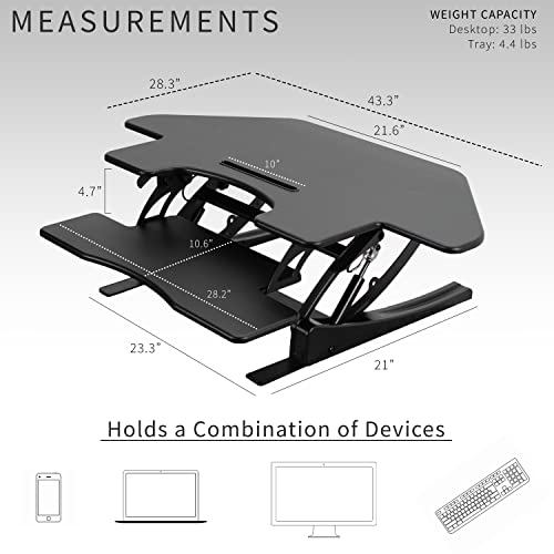 Image of VIVO Black 43 inch Corner Desk Converter, DESK-V000VC | Large, Height Adjustable, Stand Up Desk Riser, Wide Keyboard Tray, Standing Dual Monitor and Laptop Workstation, V Series