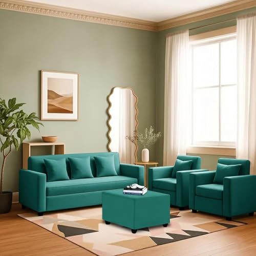Image of DIVISHA HOMES 3+1+1 Seater Sofa Set with Ottoman - Modern Velvet Fabric Sofa Set for Living Room, Deep Seating Comfort with Cushions - Green Color