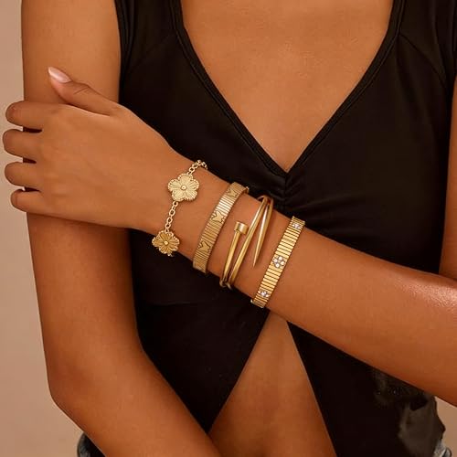 Stackable Gold Bracelets for Women - 4 Sets, 18K Gold Plated Bracelets, Stainless Steel Bangle Bracelets Non-Tarnish, Stylish Gold Jewelry Ensemble, Valentine's Day, Birthday and Christmas Jewelry Gifts — view 3