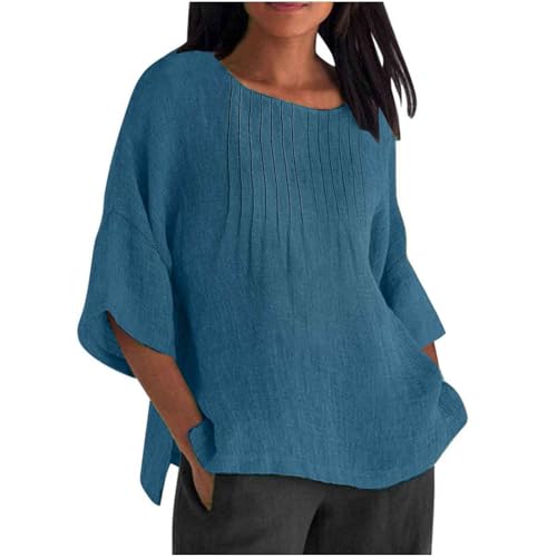 Générique Top Femme Manches 3/4 Col Rond, Haut Froncé Aspect Lin Unie, Blouse Décontractée Enfilade
