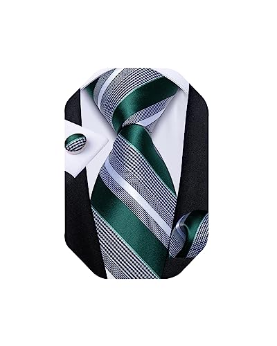 Image of DiBanGu Extra Long Tie for Men Silk 63 inch XL Necktie and Pocket Suqare Cufflinks Set Mens Big and Tall Tie Wedding Party Green and Grey