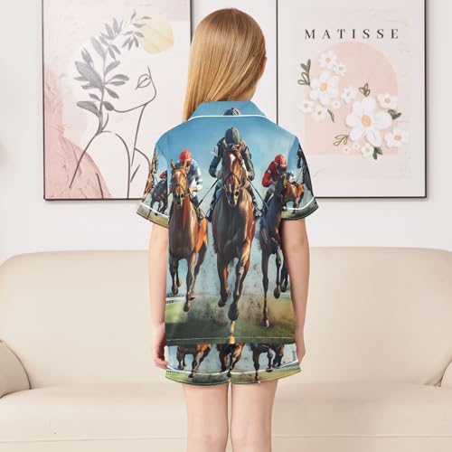 ALAZA Horse Racing Stylish Satin Pajamas Set Short Sleeve Button Down Sleepwear Summer Pjs 2 Piece4