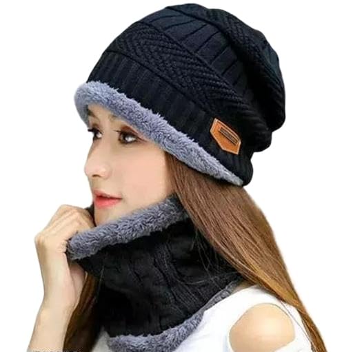 Unisex Woollen with Faux Fur Inner Side Beanie Cap and Neck Muffler Winter Combo Set (black, Free Size)-Pack of AAD-P003-image-9