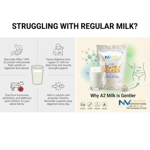Image of NutraVilla A2 Desi Cow Milk Powder | Organic Grass Fed Whole Milk Powder | No Antibiotics, No Hormones | Rich in Protein & Calcium | Premium Natural Dairy Powder | 200g x 2 Pouches (400g Total)