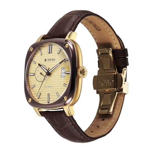 Image of Titan Vintage Concealed Automatic Analog with Beige Dial Brown Leather Strap Watch for Men - 90225KL03