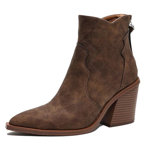 MiaZane Botas Chelsea Mujeres Tacón Block Grueso Punta Afilada Botines Tobillo con Cremallera Trasera para Oficina & Ropa de Noche Transpirable Impermeable,Marrón,40 EU