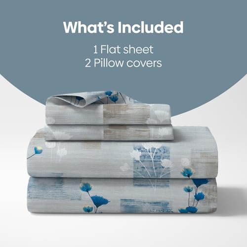 Image of Haus & Kinder King Size Bedsheet for Double Bed with 2 Pillow Covers 108 x 108 Inches | 144 TC Cotton Bedsheet for King Size Bed - Blue Flower Sketch