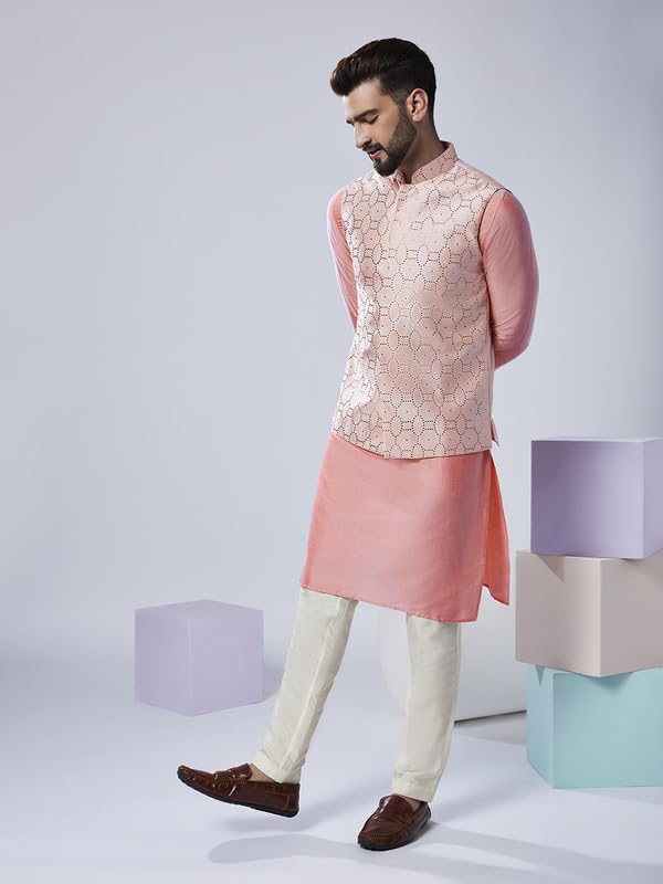 Image of KISAH Men Printed Kurta Jacket Set, Full Sleaves, Knee Length, Straight, Regular Fit, Mandarin Collar Ethnic Wear
