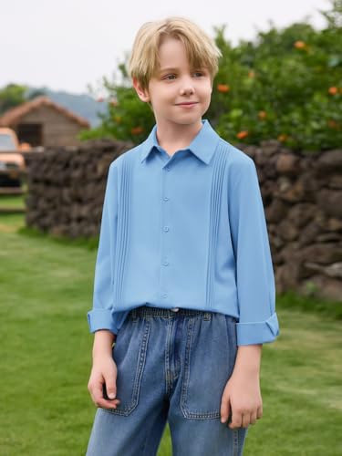 Haloumoning Boys Pleated Long Sleeve Dress Shirts Kids Button Down Collared Uniform Shirt 5-14 Years4