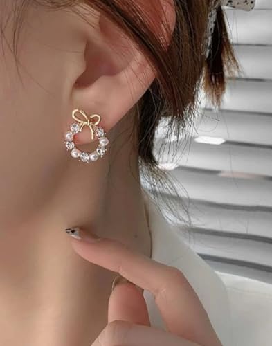 Image of TRENDY Korean Style Fashion Earrings Set, Pearl Bow and Crystal Bow Design, Women's Jewellery Accessories, 2 Pairs