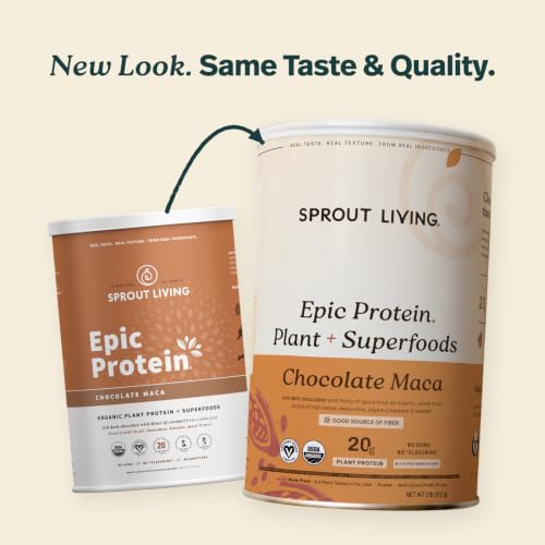 Image of Sprout Living Epic Protein, Plant Based Protein & Superfoods Powder, Chocolate Maca Powder | 20 Grams Organic Protein Powder, Vegan, Non Dairy, Non-GMO, Gluten Free, Low Sugar (2 Pound, 24 Servings)