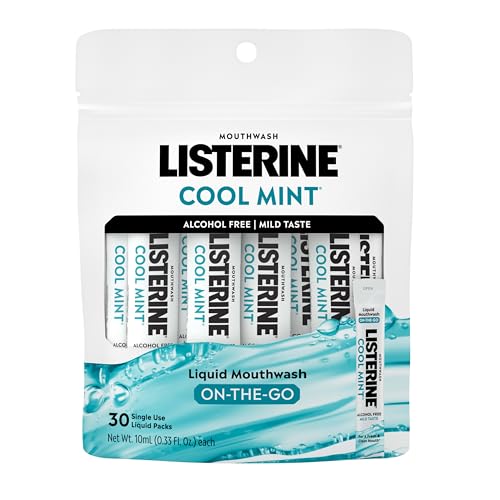 Listerine On-The-Go Cool Mint Alcohol Free Mouthwash Packets, Oral Rinse in Individual Packets Kills...