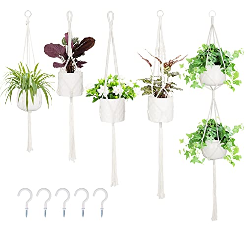 Fivepot Makramee Pflanzen Aufhänger 5-Pack Unterschiedlich Stufen Innen Hängende Pflanzkorb Ständ Mit 5 Haken Wand Dekorative Blumentopf Halter Quasten für Innen Außen Boho Home Dekoration, Elfenbein Cover