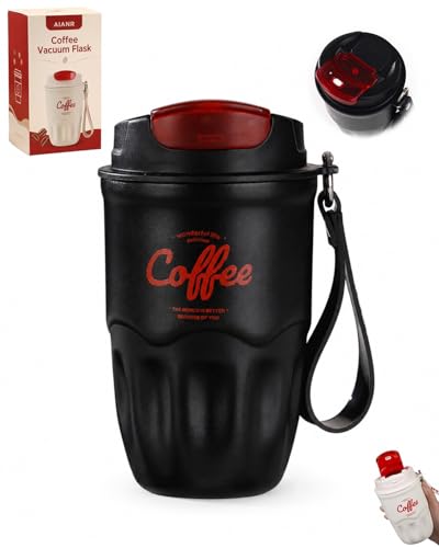 AIANR Coffee Vacuum Flask 12oz Portable Cup with Lid Handle 316 Stainless Steel Liner Insulated Water Bottle Hot Cold Drinkware Travel Mug Home Office Outdoor Camping Daily Use(Black,Standard)