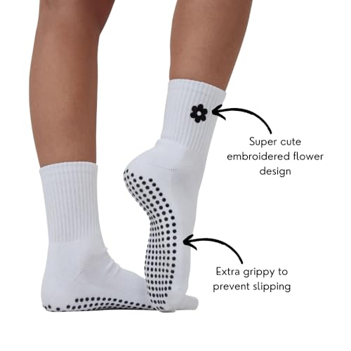 Women's Pilates Grip Socks with Flower Embroidery | Non-Slip Crew Socks for Women for Yoga, Barre, Pilates4