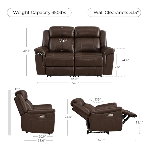 Image of CHITA Leather Power Recliner Sofa Wall Hugger, Dark Brown, Loveseat