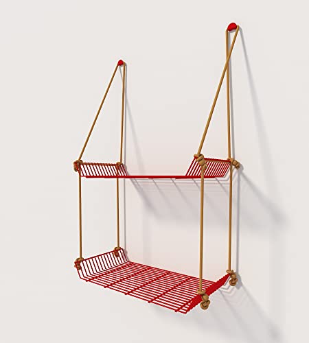 Image of Meshable Weebill 2-Tier Wall Hanging Metal Wall Shelf with Jute Rope, Home Decor Wall Shelves and Storage Racks with Elegant Design Ideal for for Balcony and Terrace, Standard Size - Red