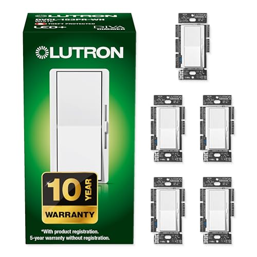 Lutron Diva LED+ Dimmer Light Switch for Dimmable LED, Halogen, and Incandescent Bulbs, 150 Watt, Single-Pole or 3-Way, DVCL-153P-WH-5, White, 5 Pack