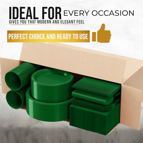 Image of Exquisite 350 Pcs Dark Green Plates and Napkins Party Supplies Plate Set | Sturdy Plastic Dinnerware Set With 9 inch & 7 inch Plates, 12 Oz Cups, Lunch Napkins and Cutlery Serves 50 for Birthdays & Everyday