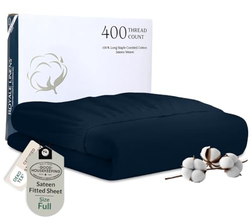 Image of Royale Linens 400 Thread Count Full Size Fitted Sheets Only - 100% Cotton Fitted Sheets Only - Luxury Sateen Weave - All Around Elastic Deep Pocket Bottom Sheet - Soft & Durable - Fit Up To 16 inch (Navy)