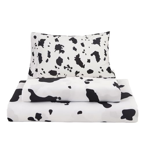 Image of Viviland 3 Pieces Boys Girls Black White Twin Sheet Set - Soft Microfiber Fitted Flat Sheets & Pillowcase - Cute Farm Animal Cow Printed Bedding Sets - for Kids & Toddlers