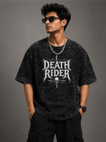 Image of Oversized Acid Wash Graphic T-Shirt for Men | Death Rider Gothic Print | Premium Cotton | Streetwear