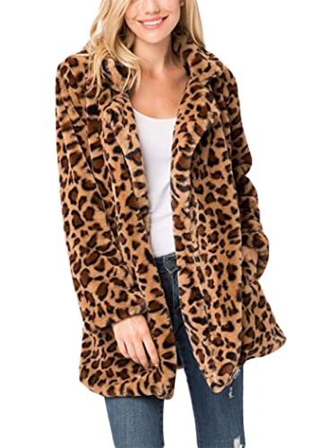Cnc Style Jacket01 Women's Leopard Faux Fur Long Sleeve Winter Coat Flutty Top Jacket Outerwear With Pocket, Leopard, Small #TOP5