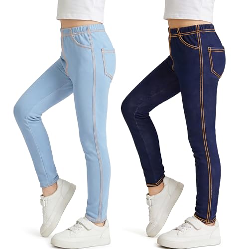 Tokeya Mädchen Leggings Jeans-Optik Kinder Stretch Slim Fit Jeggings, 2er-Pack, Hohe Taille Lang Leggings Hosen Weich Bequem Sport Hose mit Taschen Alltag Kleidung, Gr.152-158, Marineblau und Hellblau