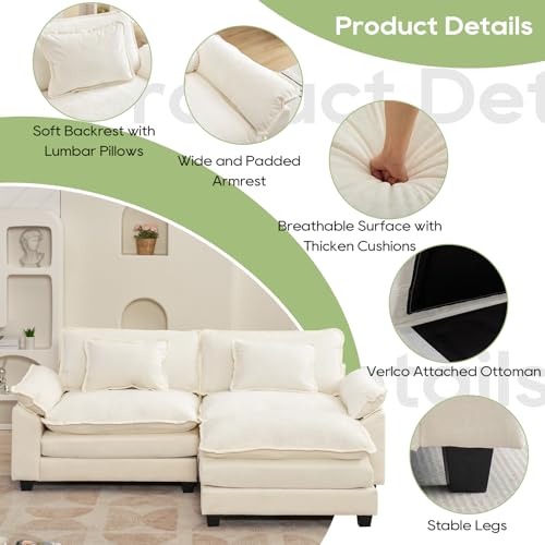 Image of Oprisen 86 inch Modular Sectional Sofa, Comfy Cloud Couch Sectional Sofa with Ottoman, Chenille Sofa Sleeper Deep Seat Sofa with Throw Pillows for Living Room (Beige White, 86 inch- L Shape)