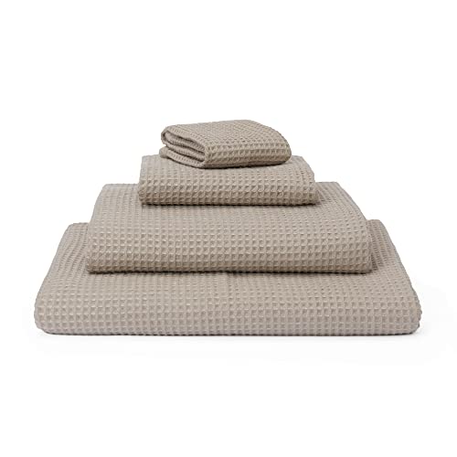 URBANARA Premium Gäste-Handtuch Set Kotra - 50% Leinen & 50% Baumwolle - 2er Set 30x50cm Handtücher, schnelltrocknend & fusselfrei Waffelpique Öko-Tex 100 - Beige & Elfenbein