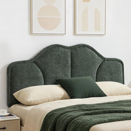 FriFurne Queen Size Headboard Only Upgraded One-Piece Upholstered Headboards Adjustable Height&Width Full Bed Headboard Modern Curved Chenille Fabric Padded Head Board Dark Green