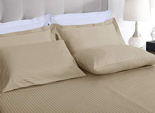 Image of Threadmill 100% Cotton Sheets for Full Size Bed - 600 Thread Count Full Bed Sheets Set with 16 inch Deep Pocket - Damask Stripe Sateen Weave 4-Piece Bedding Set with Cooling Effect, Beige
