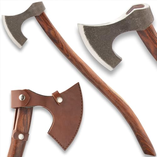 Viking Replica Bushcraft Axe | Historical Craftsmanship | for Outdoor Use | Carbon Steel Blade | Rough-Hewn | Ergonomic Wooden Handle | Overall Length 29”