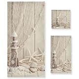 MATEKULI Beach Theme Bath Towels Set Nautical Coastal Seashell Fishing Net Ocean Lighthouse Starfish
