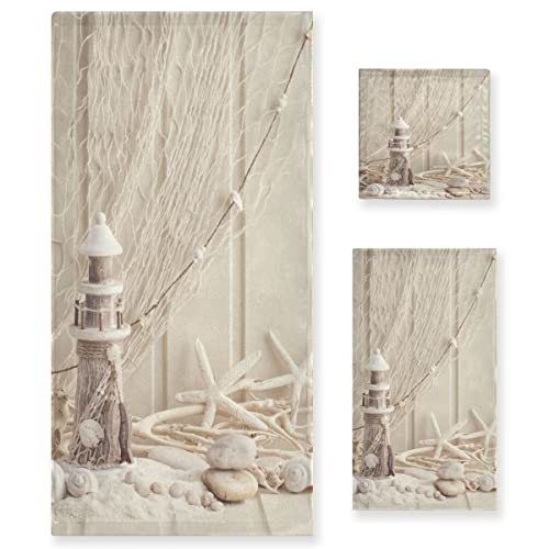 Matekuli Beach Theme Bath Towels Set Nautical Coastal Seashell Fishing Net Ocean Lighthouse Starfish 3 Piece(1 Luxury Bath Towel 1 Hand Towel 1 Washcloth) Soft Absorbent Decorative Bathroom Towels #TOP5