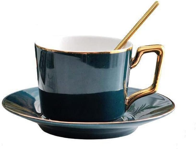 Dark Green Ceramic Coffee Cup Set With Spoon Saucer Bone China Tea Cups Suite Dish Breakfast Porcelain Milk Mug(D)
